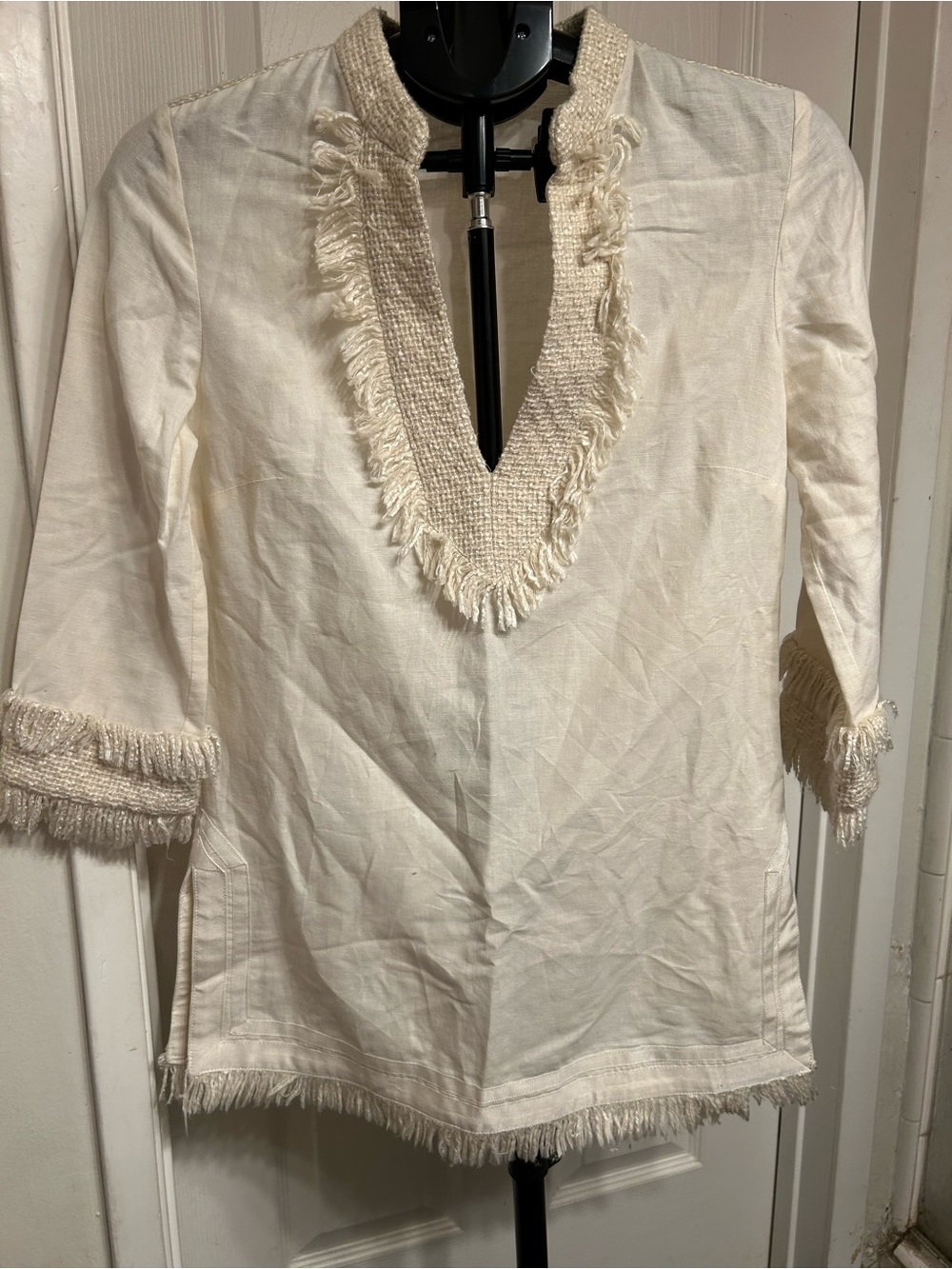 Tory Burch Linen Cotton Blend Fringe Trim Tunic Blouse - Ivory White - Size 2